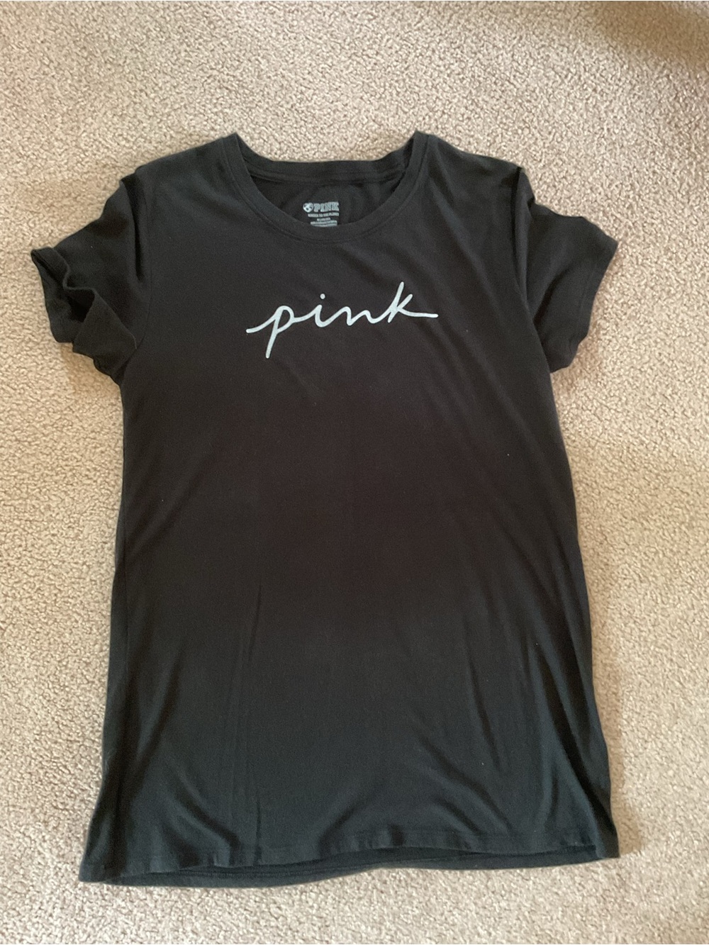 PINK Victoria's Secret Black Tee with White Script Logo  size M.